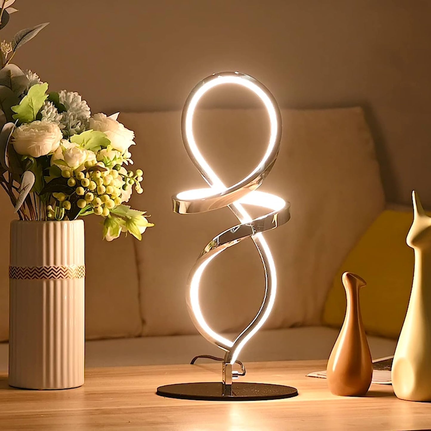 Mayful Modern Lamp with LED Spiral Design, Bedside Lamp with Stepless Dimming Switch, Contemporary Nightstand & Chrome Table Lamp for Bedroom, Living Room, Home Office, 12W 3200K Warm White,2 Pack