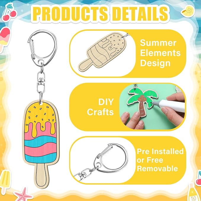 RattanView 24 Pcs Summer Party Craft Color Your Own Keychains Diy Craft Wooden