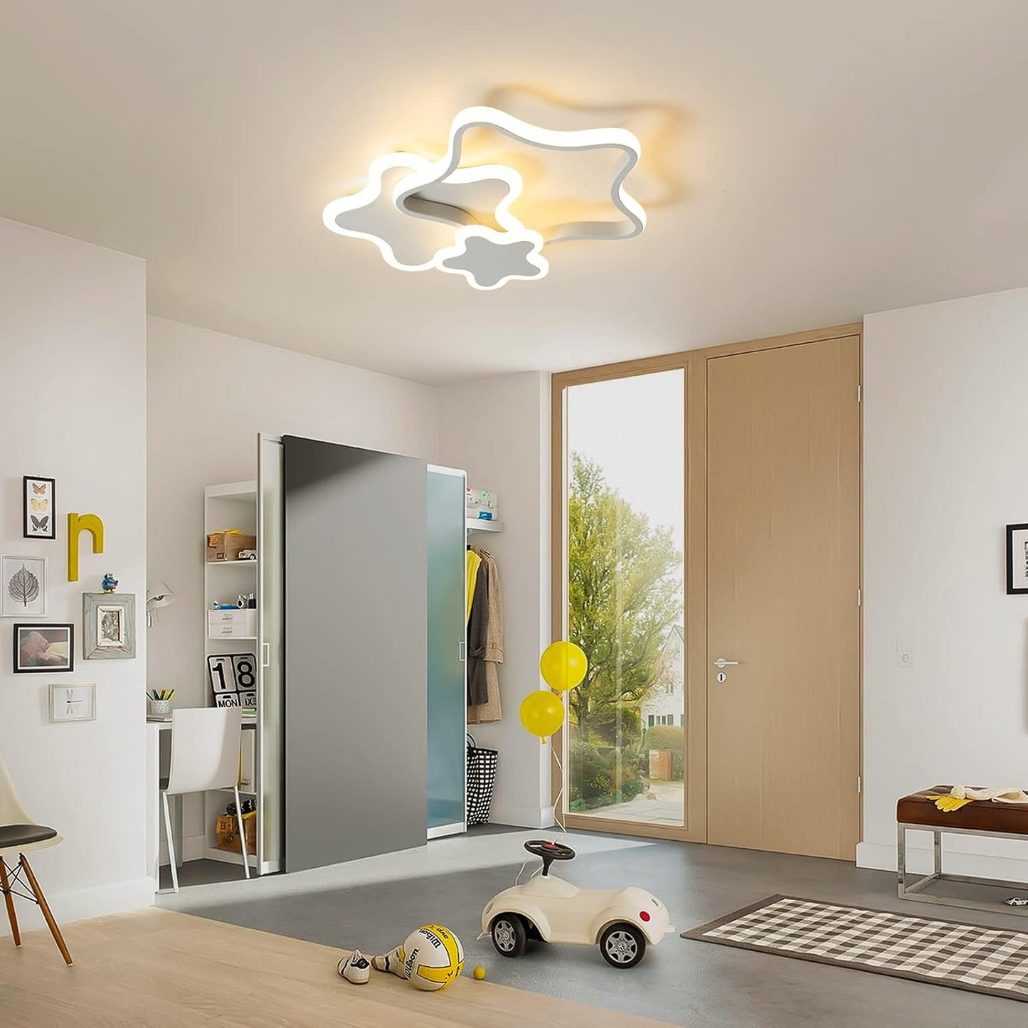 Tioolo Dimmable LED Ceiling Light, Creative Cartoon Star Ceiling Lamp, Acrylic LED Chandelier with Remote, Modern Flush Mount Chandelier Lighting Fixture for Boys Girls Bedroom Living Room, 32W/White