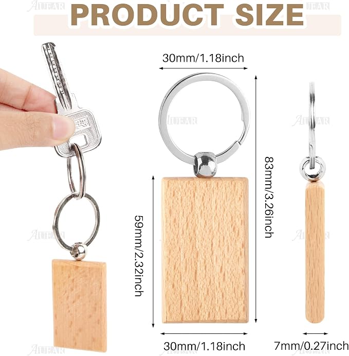 AUEAR, Blank Wooden Key Chain Wood Keychain Key Ring Key Tags Personalized EDC