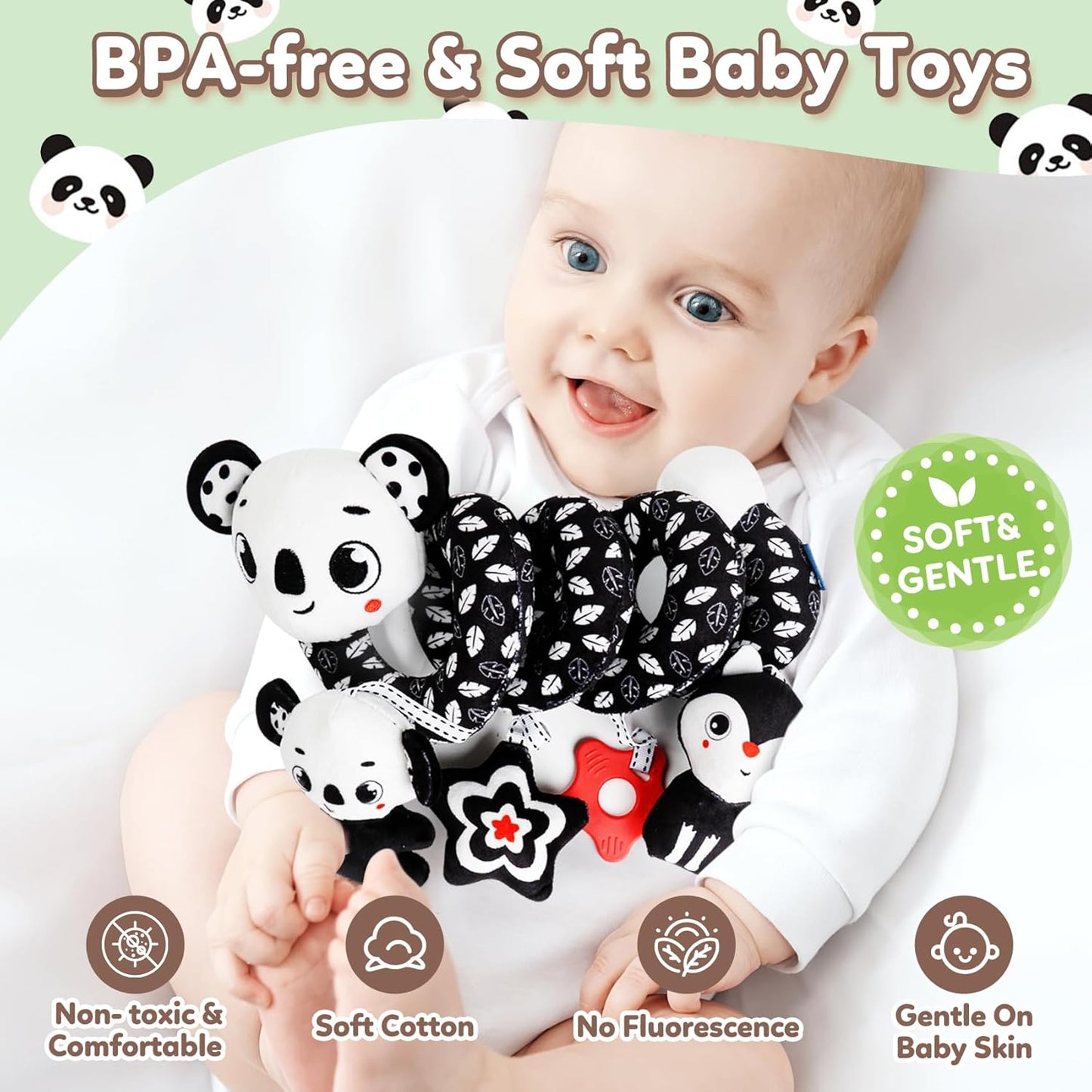 Baby Carseat Toy Black & White Rattle Spiral Hanging Activity Stroller Toy for Newborns Boys and Girls - Coala