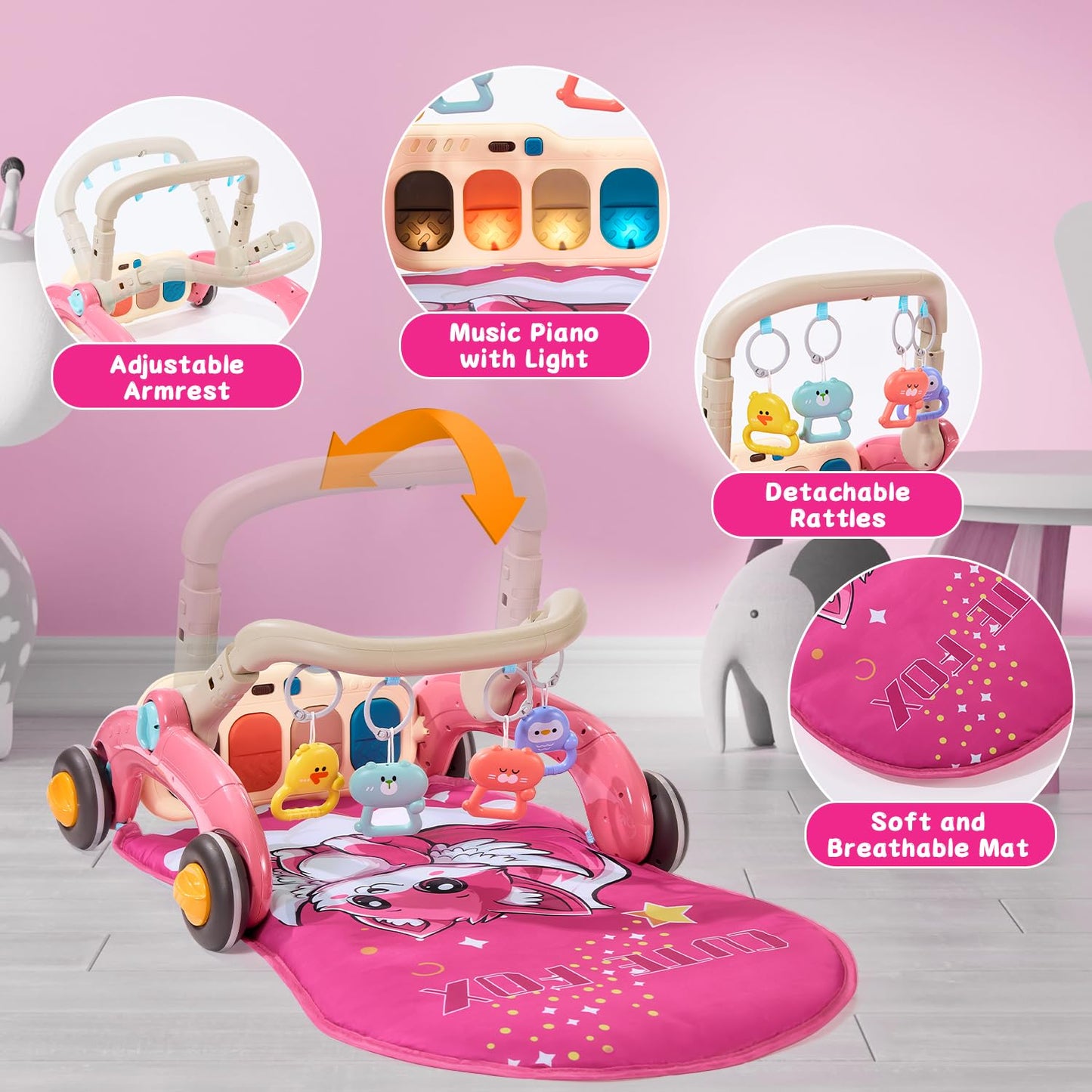 Baby Play Gym Walker Kick and Play Piano Gym for Boys Girls Play Mat Musical Tummy Time Mat Infant Christmas Newborn Gifts Toddlers (Fox Upgraded)