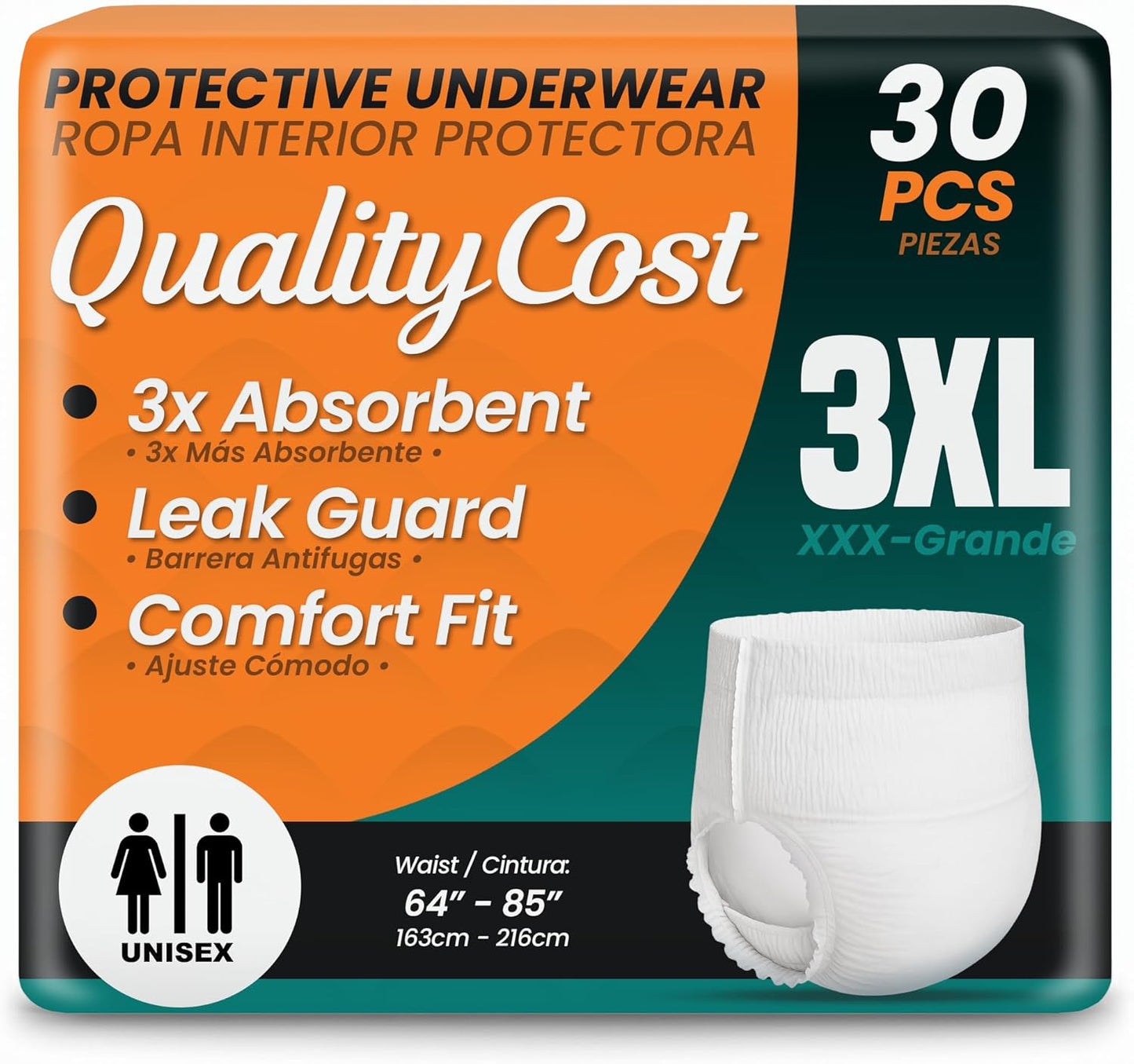 QualityCost Adult Incontinence Underwear Pull-Up, 30Pack, Heavy Duty Briefs for Men and Women, Maximum Absorbency, Leak Proof, Disposable Pull-Ups for Overnight Protection, Size 3XL (64-85 inch Waist)