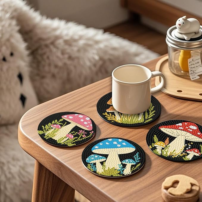 EWJRNSF 8 PCS Mushroom 5D Diamond Painting Coasters DIY Kit