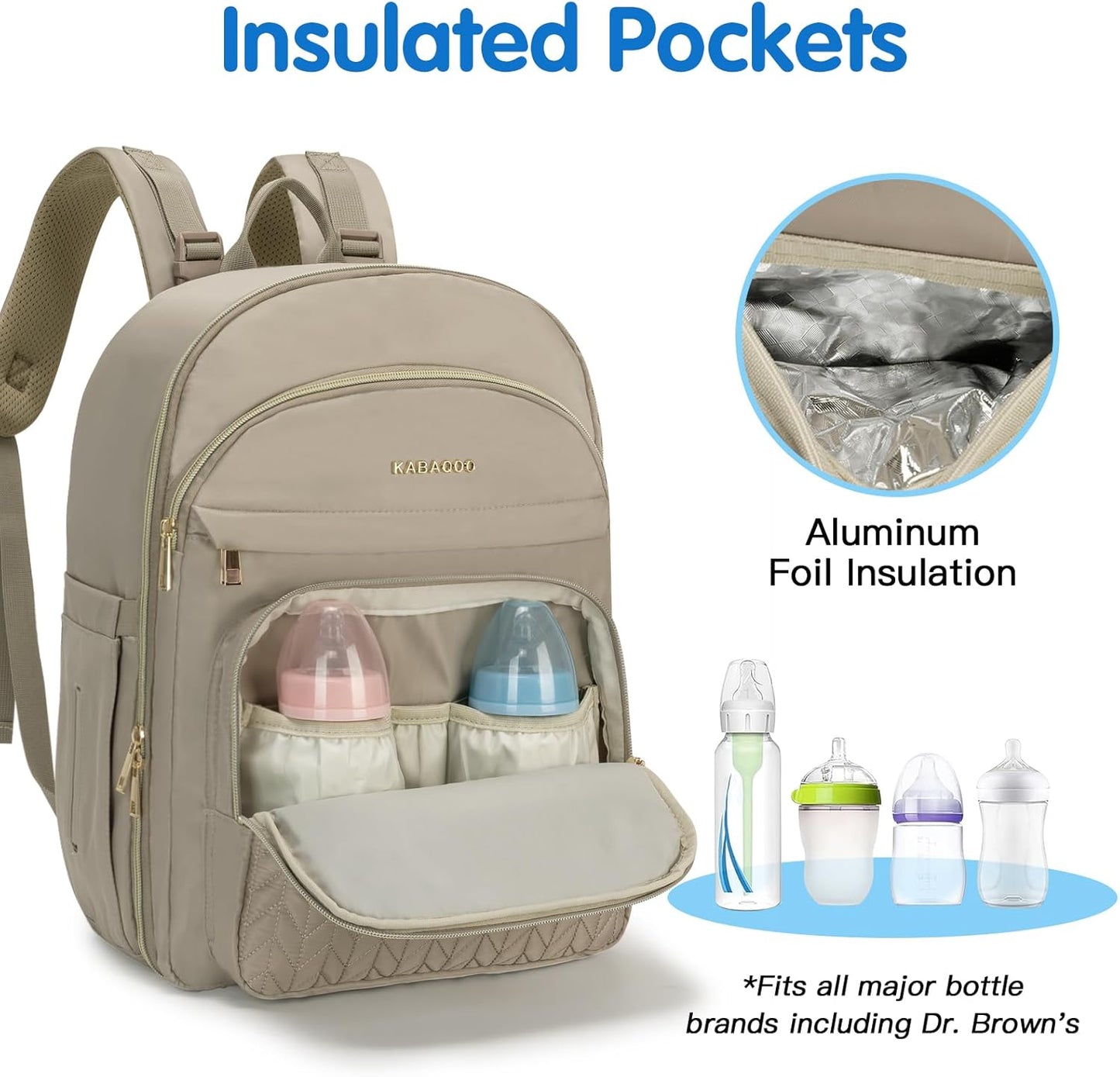 KABAQOO Baby Diaper Bag Backpack, Waterproof Diaper Backpack for Mom & Dad with Changing Pad, Insulated Pockets and Stroller Straps, Baby Shower Gifts for Girls & Boys, Brown Taupe