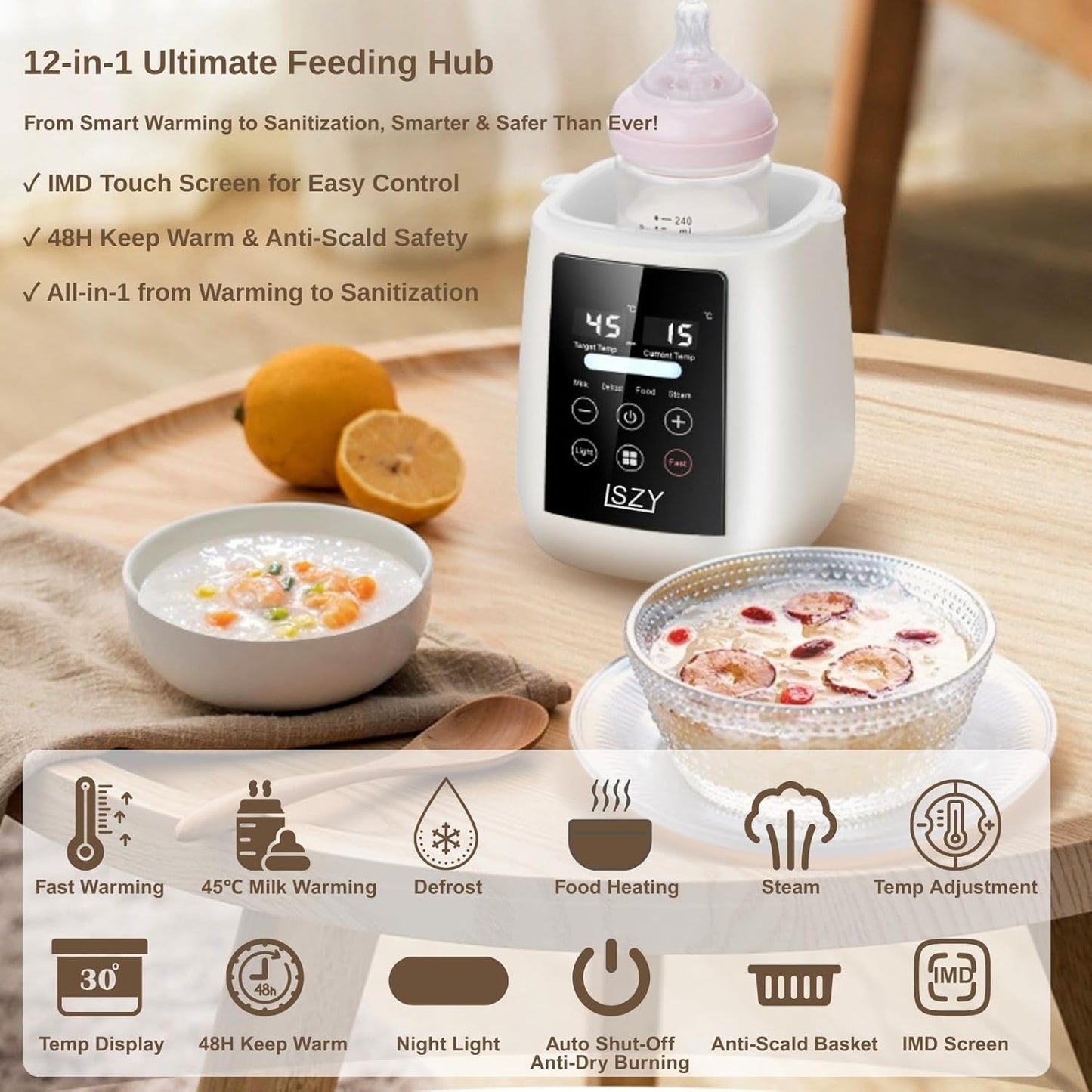 Bottle Warmer, LSZY 12-in-1 Fast Baby Bottle Warmer for Breastmilk/Formula w/20 Bags, Night Light, Milk Warmer with Accurate Temp Control 48H Keep,Thaw, Food Heating Sterili-zing (Black Screen)