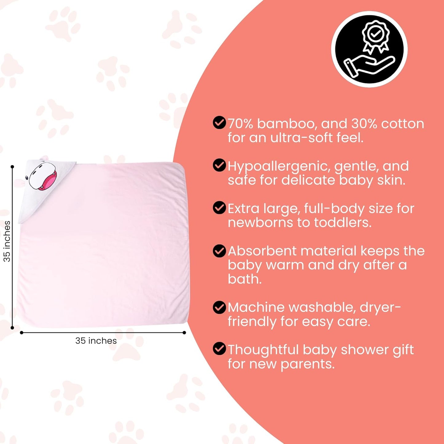 Premium Hooded Towel - 500GSM Viscose derived from Bamboo Baby Towels - Ultra Soft & Absorbent, Extra Large 35” x 35”, Hypoallergenic, Machine Washable Toddler Towel - Hippopotamus