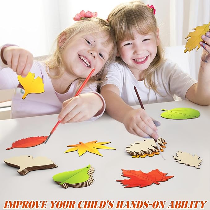 Subacy 80 PCS Unfinished Wood Cutouts 8 Styles DIY Wooden Crafts, Autumn Maple