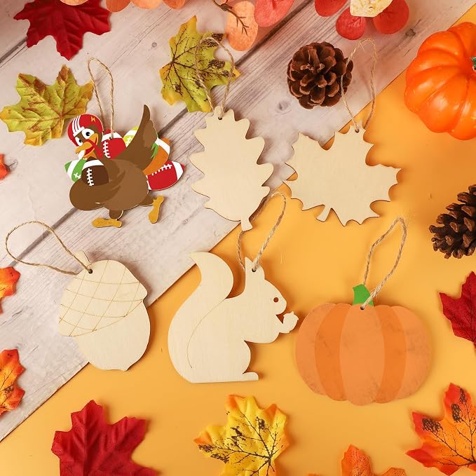 24 PCS Unfinished Wooden Thanksgiving Crafts, Pumpkin Turkey Shaped Hanging