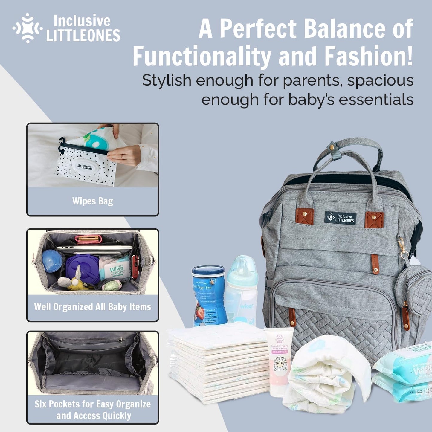 Baby Diaper Bag Backpack with Changing Station, Large Capacity, USB Port, Pacifier Case, Mosquito Net & Wipes Bag Stylish Travel Bag for Boys, Girls, Moms & Dads, Shower Gift