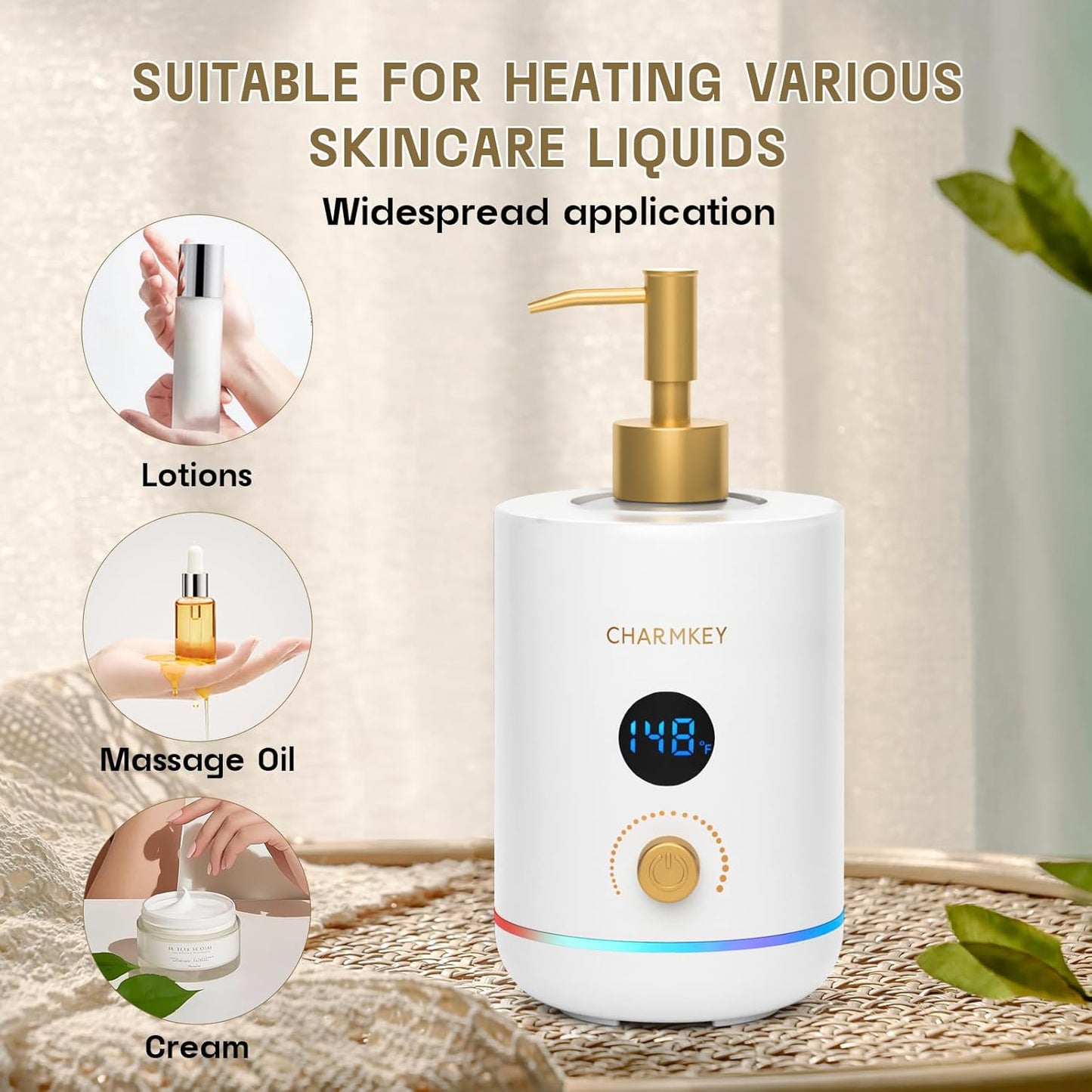 CHARMKEY Massage Oil Warmer White, 2 Oil Bottle Dispensers & 2 Silicone Funnels, Digital Heater for SPA, Oil Lotion Cream for Salon, Barber Shops, Home