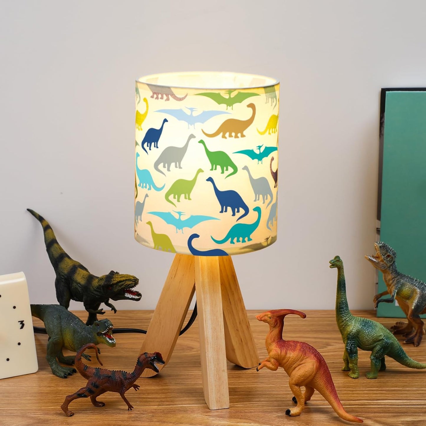 VIHOSE Dinosaur Kids Table Lamp for Bedroom Kids Bedside Lamp with Linen Wooden Nightstand Cartoon Nursery Lampshade for Girls Boys Living Room