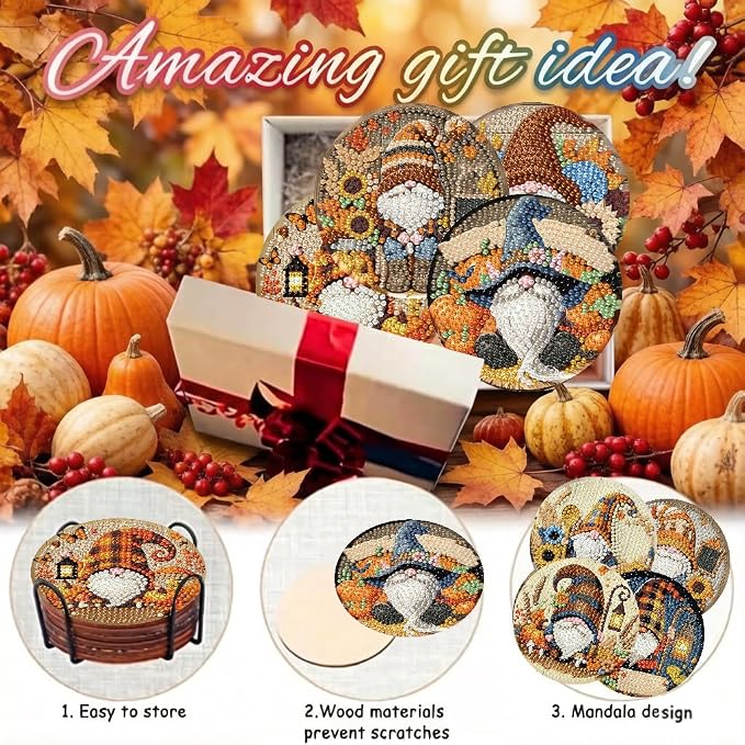LWZAYS 8 Pcs 5D Autumn Gnome Diamond Art Coasters Kits