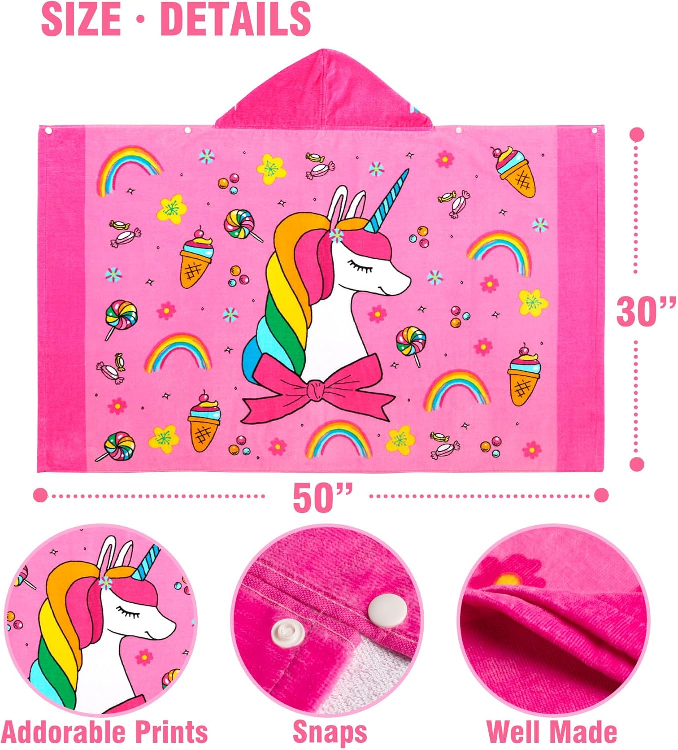 Kids Hooded Bath Towels-Soft Thick 100% Cotton Hooded Beach Towel for Kids 3-10 Years,Absorbent Fast-Drying Cute Toddler Bath & Swim Towels,for Boys & Girls 30"x 51"(Sweet Unicorn)