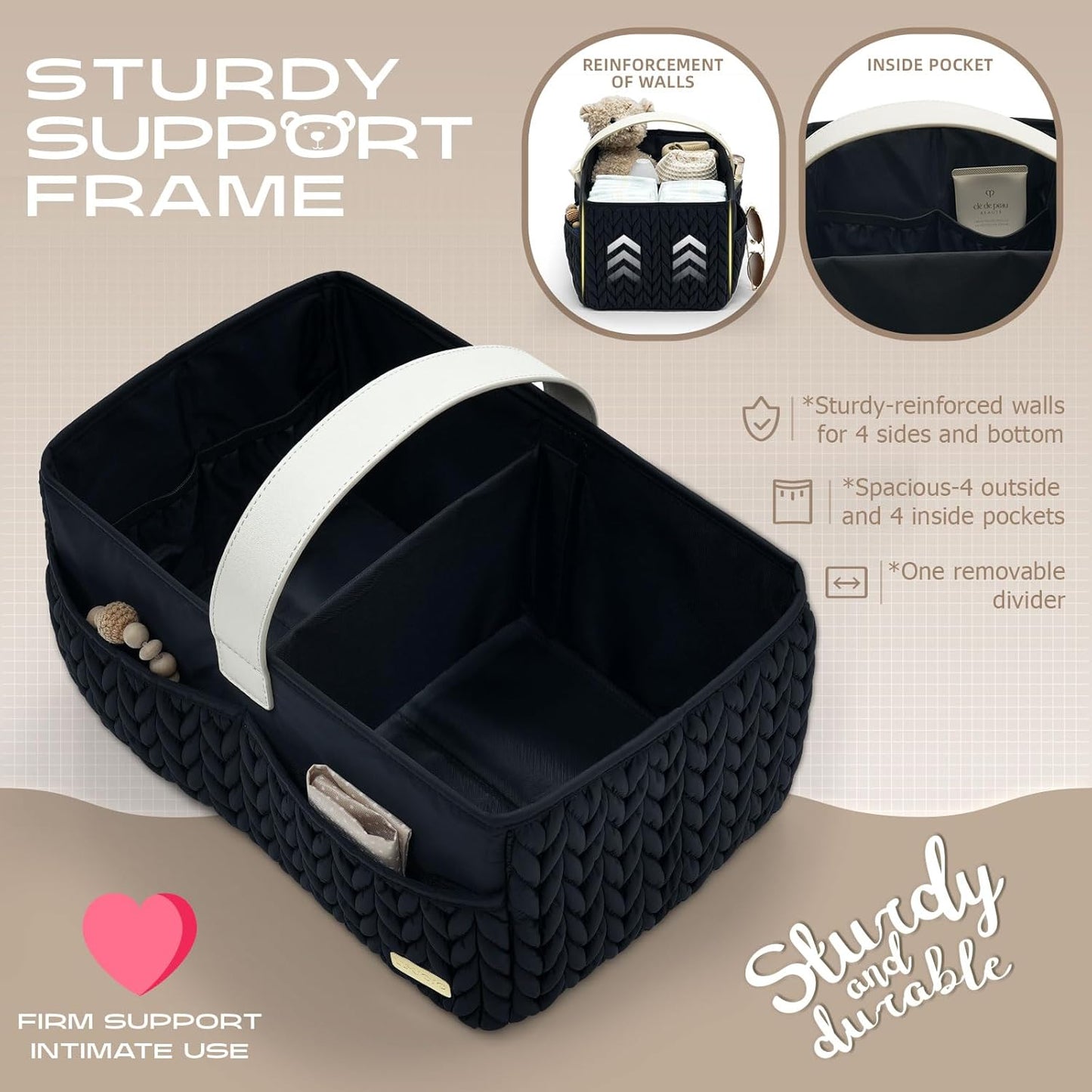 Luxurious Baby Diaper Caddy, Nursery Storage Basket for Newborn Essentials, Travel Baby Basket for Diapers Baby Wipes, Organizer Tote Bag Storage Bin, Baby Shower Gifts(black)