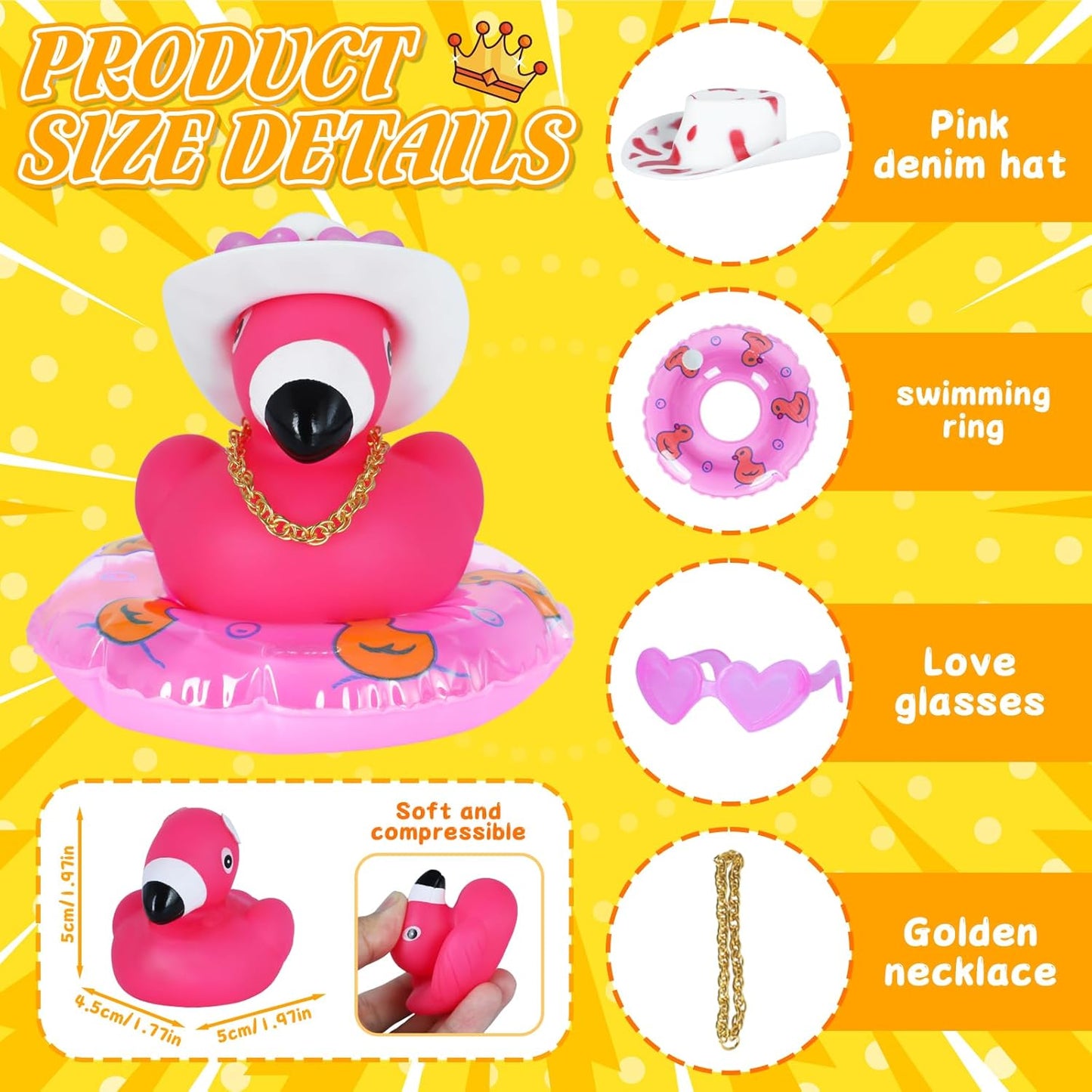 Pink Flamingo Rubber Duck Jeeps Duck, with Mini Cowboy Hat, Swim Ring, Gold Chain & Heart Sunglasses, for Car Dashboard Decor, Home Office Party Decoration, Baby Bath Toys, Birthday Gifts
