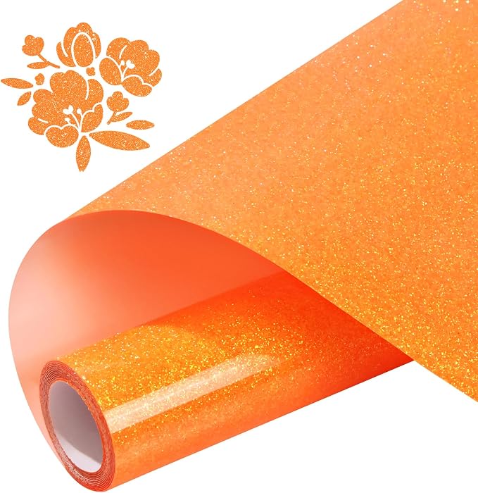 DUEUIOE Fluorescent Orange Glitter Heat Transfer Vinyl 12" x 5FT