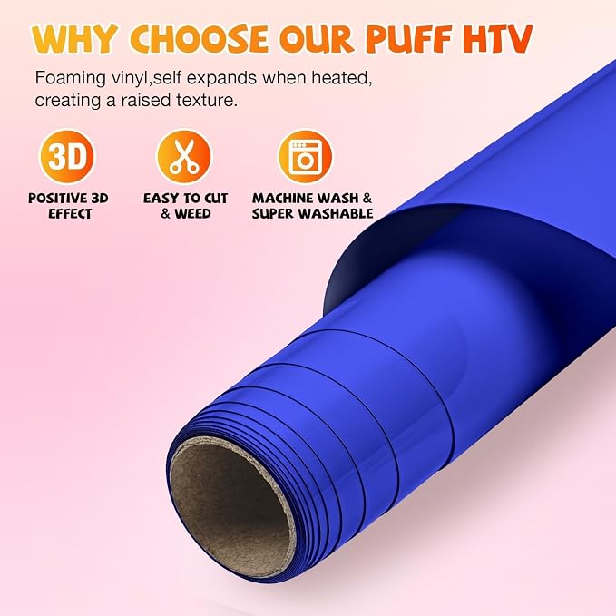 VinylRus Blue Puff Vinyl Heat Transfer -12” x 6ft Puffy 3D Iron on Vinyl
