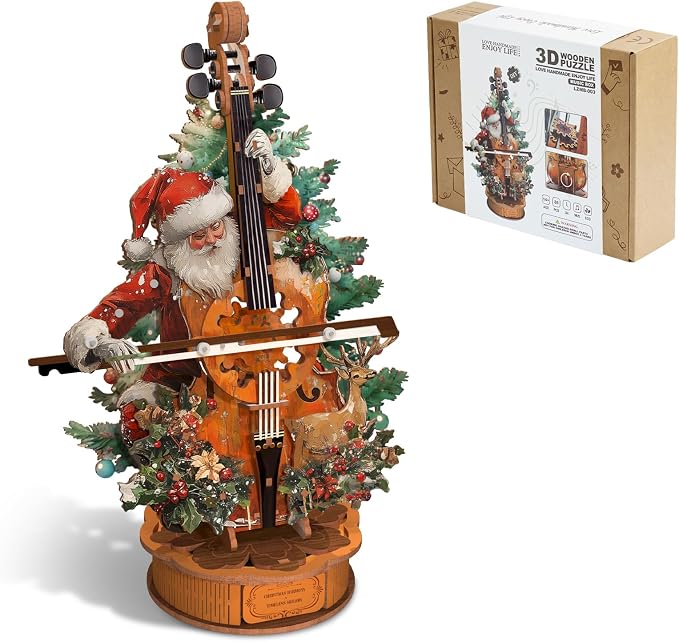 3D Wooden Puzzles for Adults, Christmas Cello Music Box, DIY Cello Model Kit
