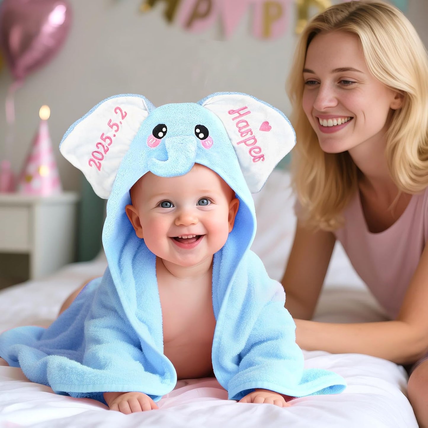Custom Hooded Baby Towel with Name, Personalized Soft Absorbent Elephant Bath Towel, Shower Towels for Girls Boys, Easter Brithday for Baby, Toddler, Newborn Essential