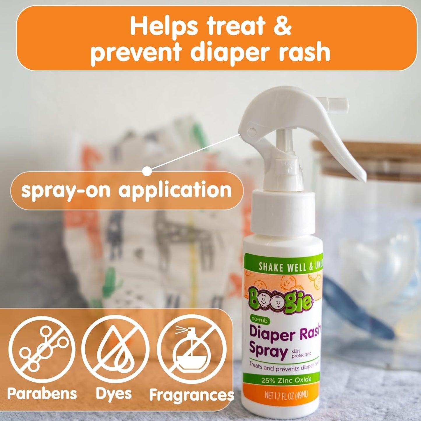 Baby Diaper Rash Cream Spray by Boogie Bottoms, No-Rub Touch Free Application for Sensitive Skin, Over 200 Sprays per Bottle, 1.7 oz, Pack of 3