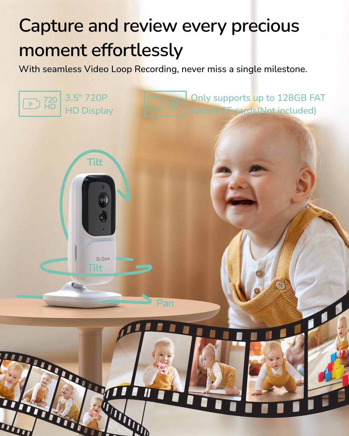 Dr.Care NeoView Baby Monitor No WiFi with Belt Clip Design - 2.8” Screen, 2-Way Audio, Video Loop Recording, Night Vision, Real-Time/VOX Monitoring, Temperature Sensor, Lullabies