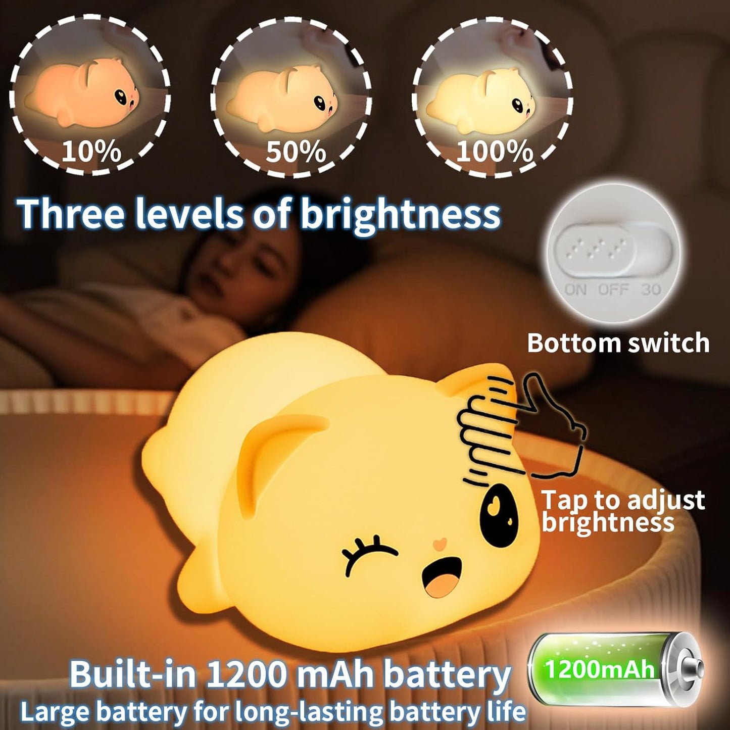 Colorful Life Cat Night Light for Kids, Silicone Tap Control LED Bedside Lamp, Soft Touch Sensor Kitty Light for Baby Girls Boys, USB Rechargeable Nightlight(Light up When patted)