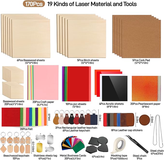 Adrattnay Laser Material Explore Kit, 17 Kinds Blanks Includes Basswood