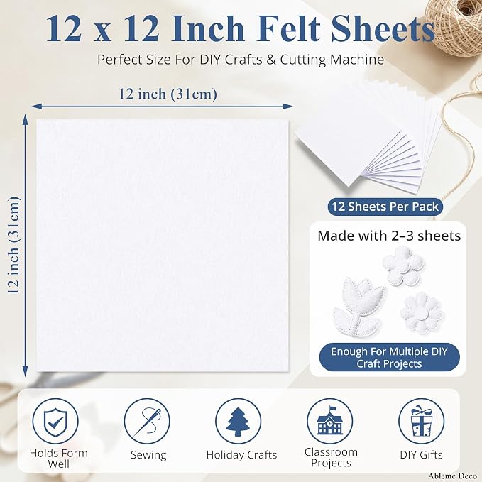 12" x 12" Felt Sheets for Crafts, 2mm Stiff Felt Fabric, Polyester Felt Squares