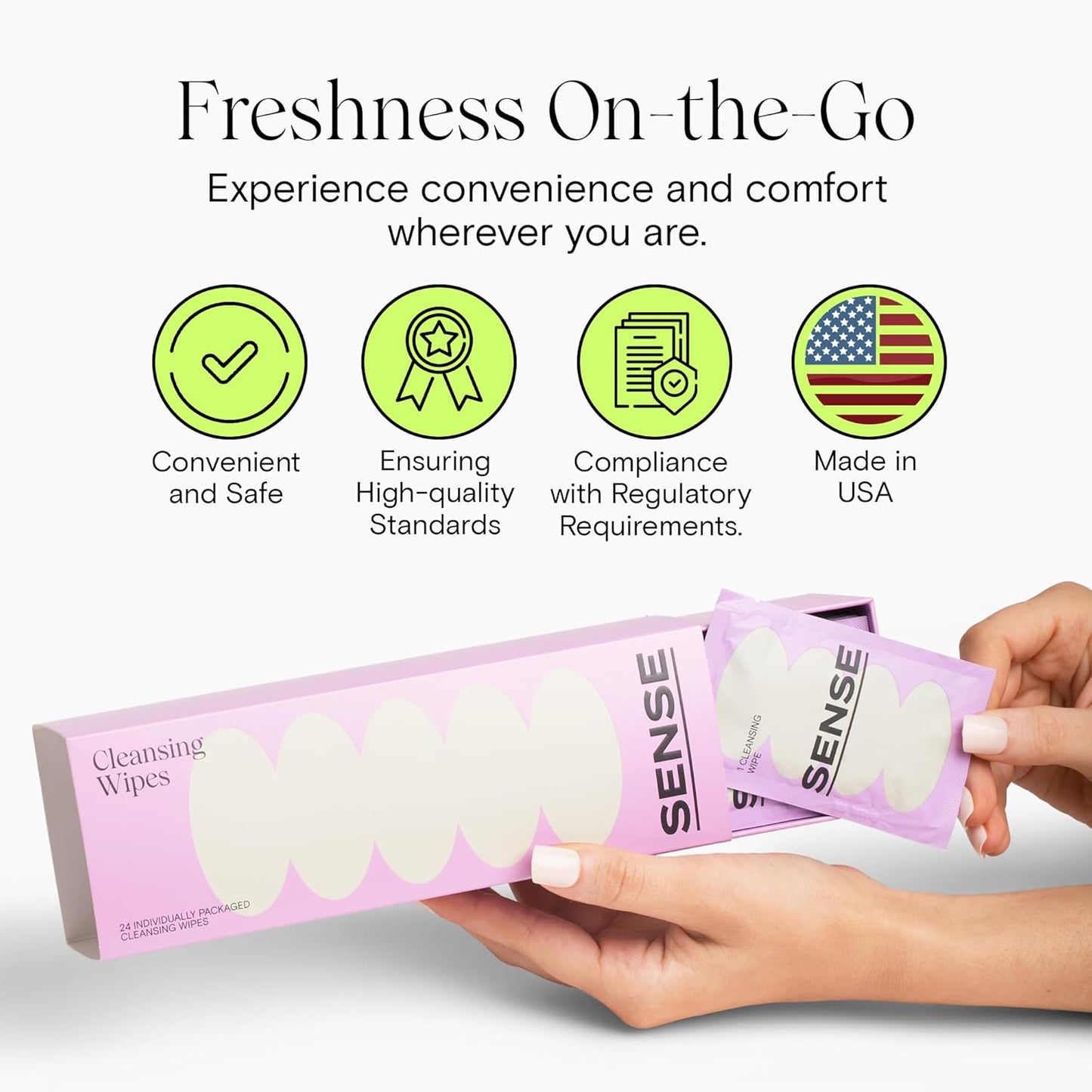 Sense Cleansing Wipes (24 Pack) Individually Wrapped pH Balance Wipes for Women - Made in the USA, Flushable Wipe, On-The-Go Before and After Freshness Intimate Wipe