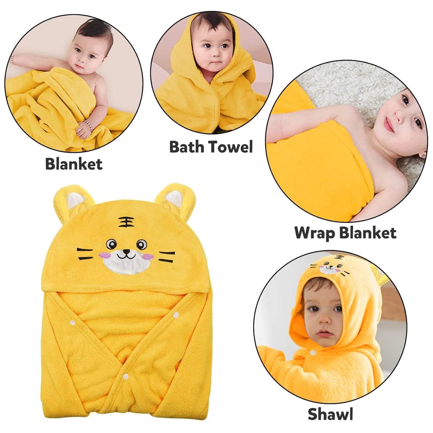 ROMASA Toddler Hooded Bath Towel Ultra Soft Towel Highly Absorbent Bathrobe Blanket for Boys Girls- 27.5" x 55" (Yellow-Tiger)