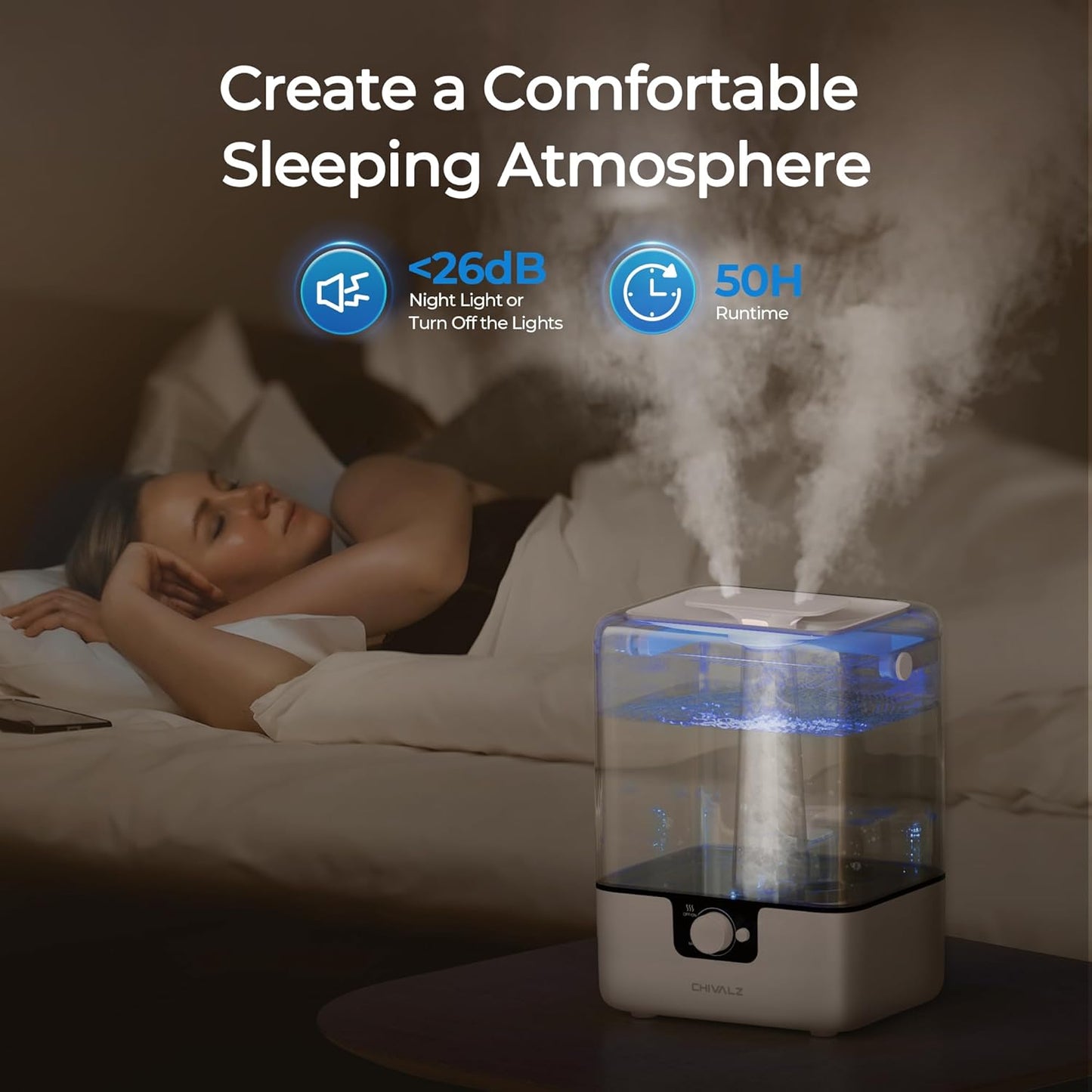 CHIVALZ Humidifiers for Bedroom, 6L Cool Mist Humidifiers for Baby Nursery, 26dB Quiet, 50H Runtime, Top Fill Humidifier for Large Room, Home, Plants, Nightlight, Oil Diffuser 1 Pack White