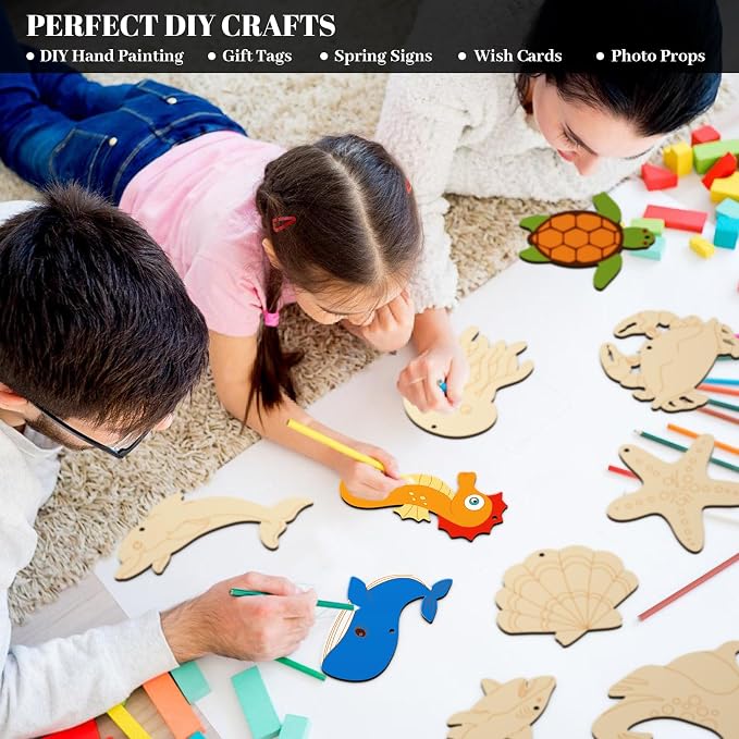 Subacy 80 PCS Unfinished Wood Cutouts 10 Styles DIY Wooden Ocean Ornaments