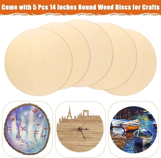 5Pcs 14 Inch Wood Circles for Crafts, Unfinished Blank Wooden Rounds Slice