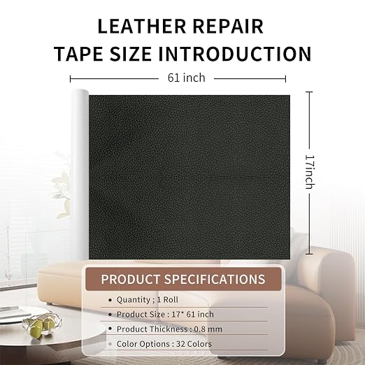 Leather Repair Patch Tape, Gloss Black 17 x 61 Inches Self Adhesive Leather