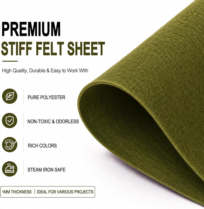 Moss Green Large Felt Fabric 36" x 36", 1mm Stiff Felt Sheet, Nonwoven Fabric