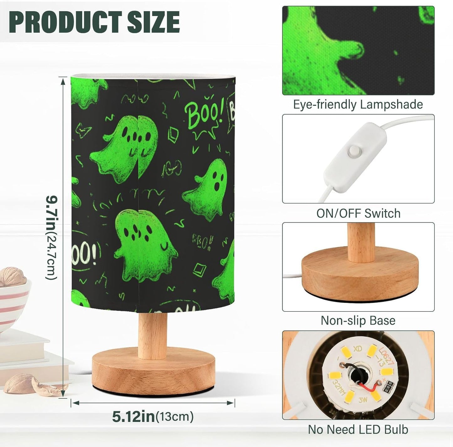 Halloween Green Ghost Table Lamp Bedroom Bedside Night Reading Desk Lamps Cylinder Nightstand Sleeping Light Lamp for Kids Living Room Office Decor