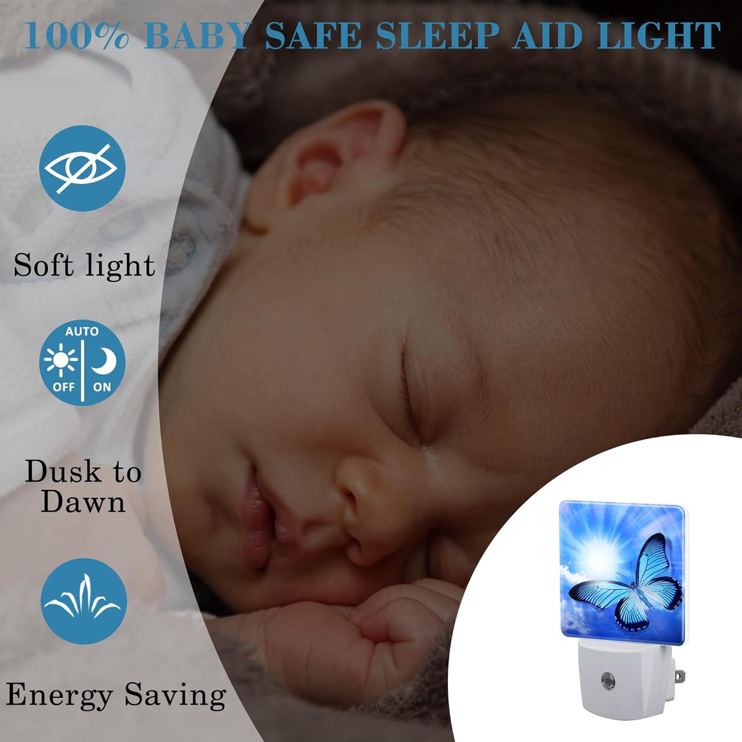 Butterfly Blue Sunny Sky Night Light With Dusk to Dawn Sensor for Kids, Girls, Boys, Women, Men - Room Decor, Hallway, Kitchen, Bathroom, Nursery, Stairs