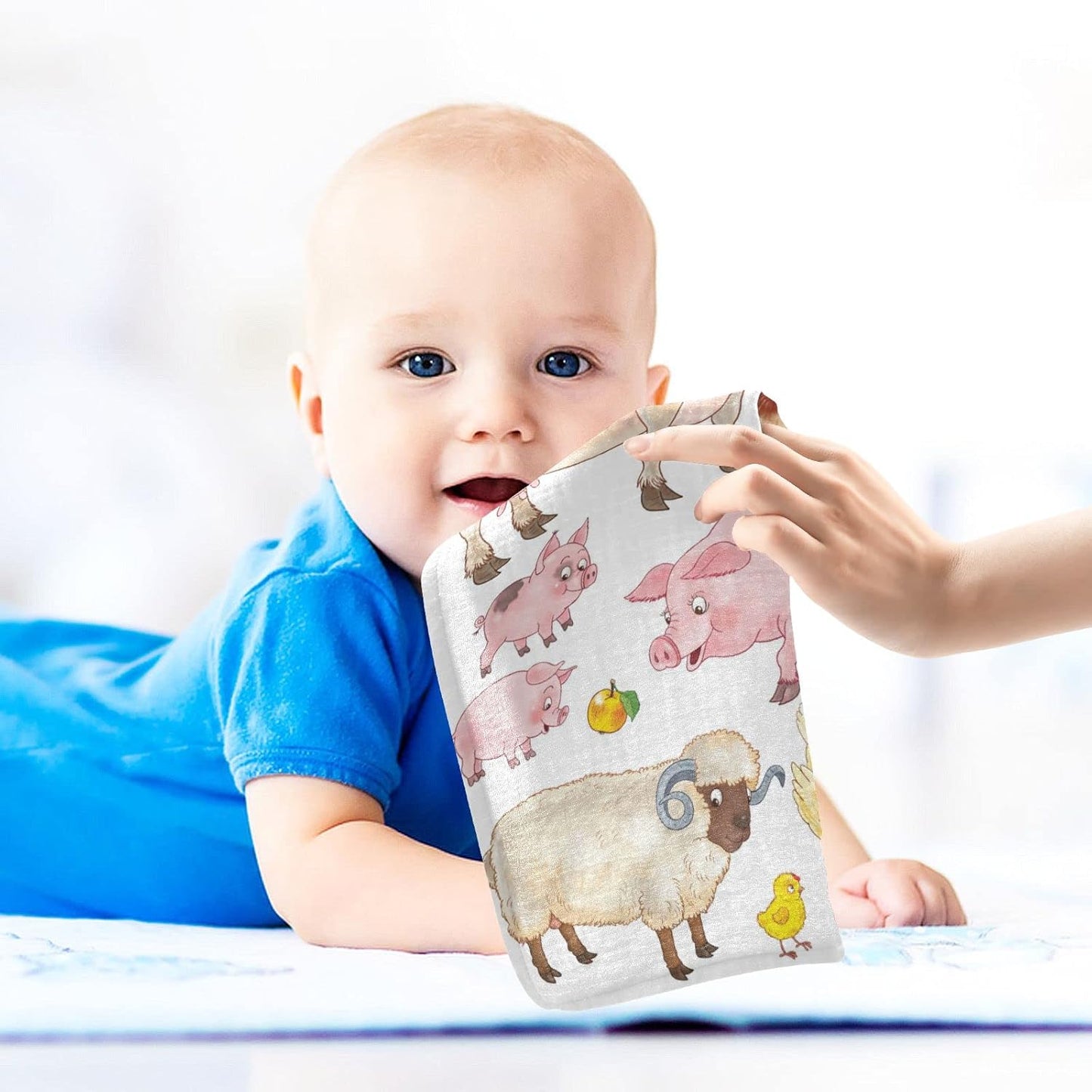 Cow Pig Sheep Chick Burp Cloths for Boys Girls, 3 Pack Farmhouse Animals Muslin Washcloths, Newborn Face Bath Towel, Soft Absorbent Cotton Wash Cloth, Baby Registry, 12 x 12 Inch