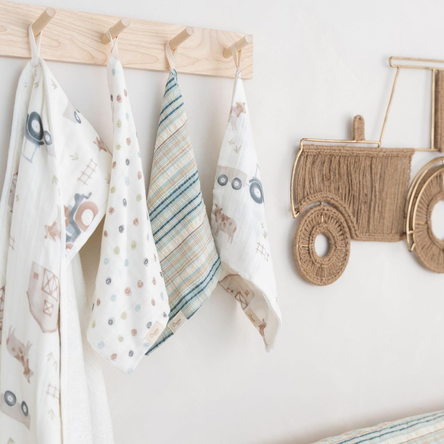 Crane Baby Hooded Towel & Washcloth Set, Charlie Farmhouse Tractor Hooded Baby Towels and Washcloths Set, Baby Bath Essentials, Washcloths for Newborn, Muslin Towel for Babies