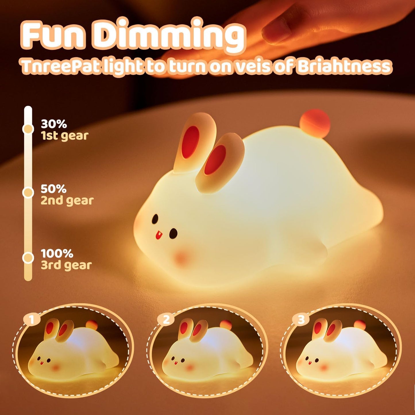 Big Face Rabbit Silicone Night Light for People - Squishy Bunny LED Lamp with Soft Touch, USB Rechargeable & Touch Control - Cute Decorative Bunny Light for Room.