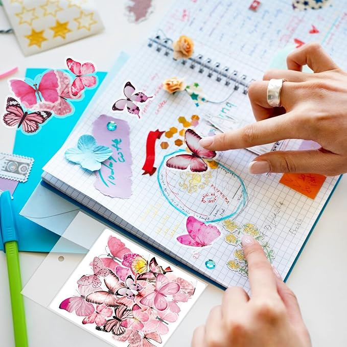 Imeepa 40Pcs Pink Butterfly Stickers Transparent Scrapbooking Stickers | PET
