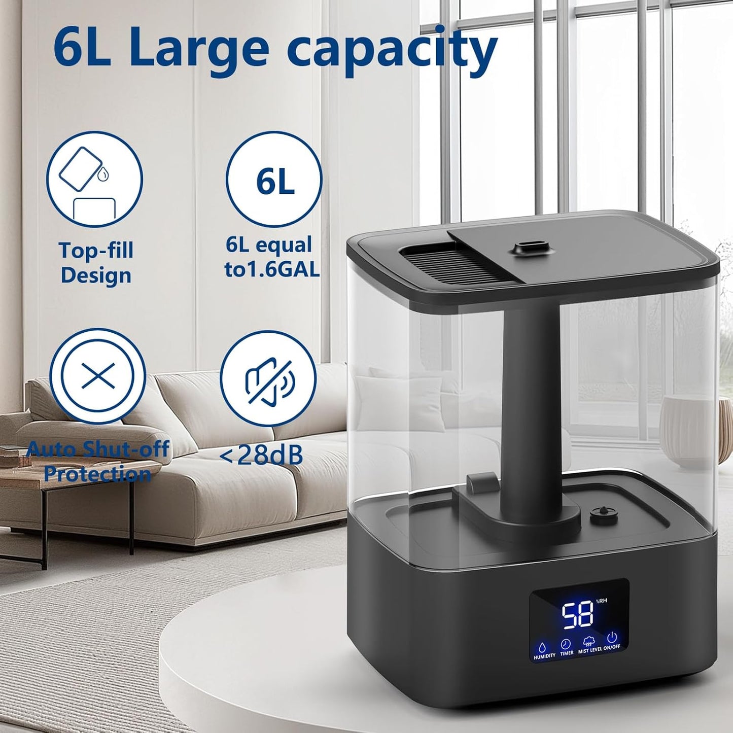 KZF Humidifier for Bedroom, 6L Ultrasonic Cool Mist Humidifier, Easy Clean Humidifier 3 Adjust the Humidity, Suitable for Bedroom Study Room Kids Room Yoga Office, Quite and Smart Top Fill Design