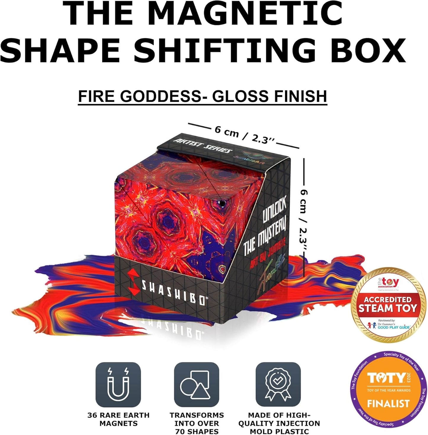 SHASHIBO Shape Shifting Box - Award-Winning Fidget Toy w/ 36 Rare Earth Magnets - Fidget Cube Transforms Into Over 70 Shapes, Sensory Toy Gift for Kids, Teens, and Adults (Fire Goddess)