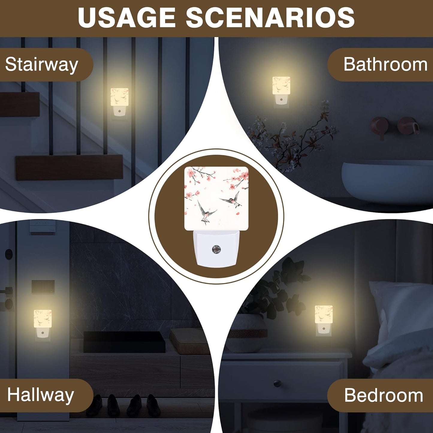 Peach Blossom and Bird Night Light, Plug-in Nightlight with Dusk to Dawn Auto Sensor for Home Bedroom Hallway Kitchen 0.5W Sleep Friendly Led Lamp for Women Men