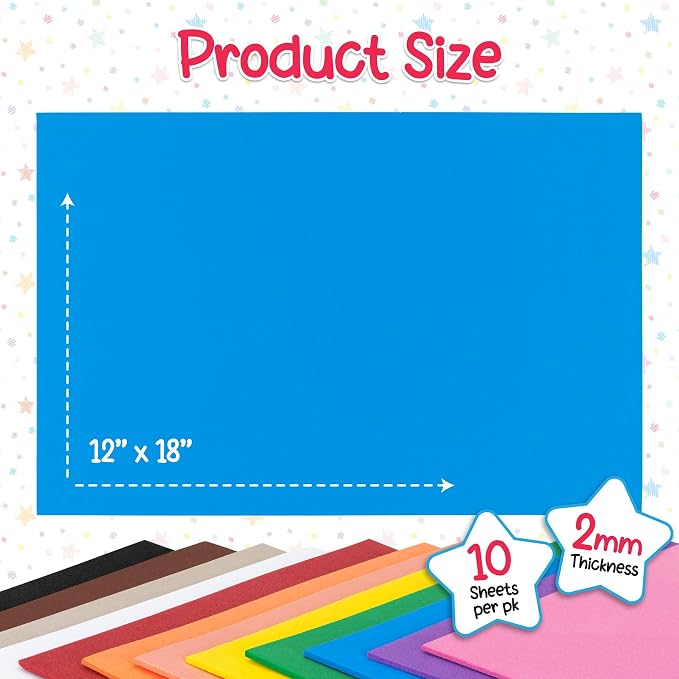 Hygloss Sheets Colorful Foam for DIY Arts & Craft, 12” x 18”, 10 Piece