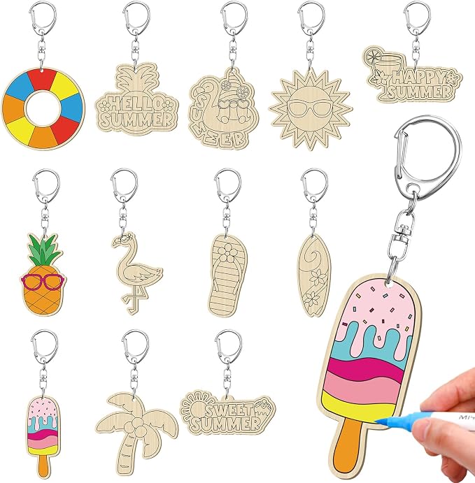 RattanView 24 Pcs Summer Party Craft Color Your Own Keychains Diy Craft Wooden