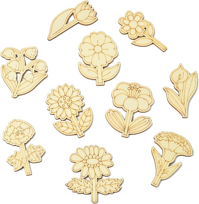 100 pcs Mixed Styles Cute Flower Theme Unfinished Wooden Cutout Charms