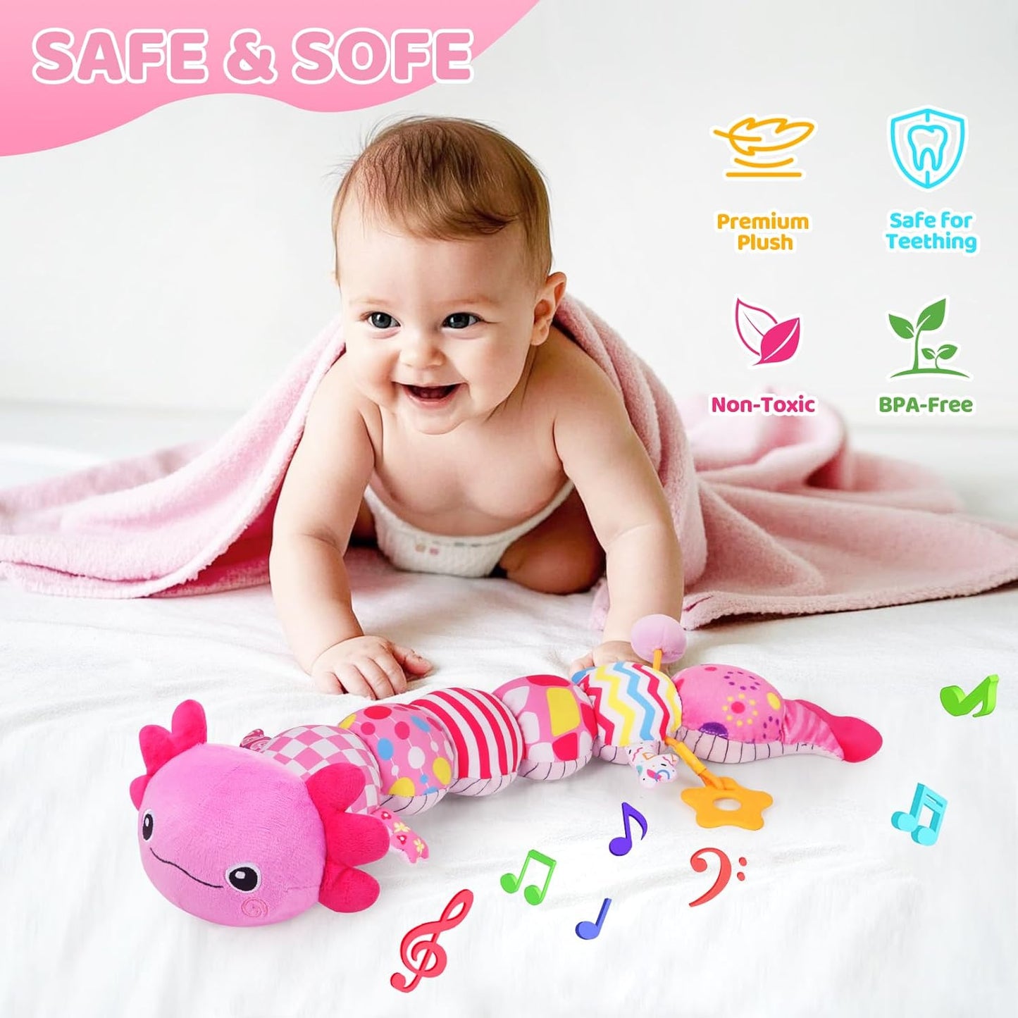 Baby Toys for 0-6 6-12 Months, Plush Axolotl Toy with Crinkle and Rattles for Infant Newborn, Sensory Music Animal Stuffed Toy for 0 1 2 3 4 5 6+ Month, Tummy Time Toys Gifts for 0-3-6-12 Months,Pink
