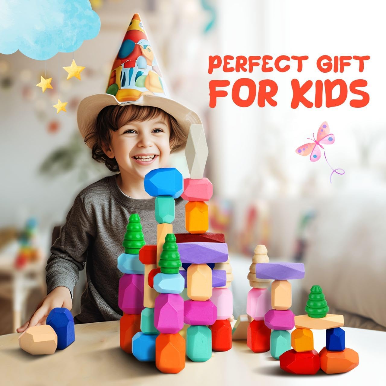 Wooden Stacking Rocks - 40 Pcs Montessori Sensory Learning Toys for Kids 3-9 | Balance Building Blocks Educational STEM Toys for Boys Girls